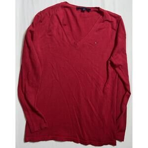 Tommy Hilfiger Collared Sweater Top Womens Medium  Red Cotton V-Neck Long Sleeve